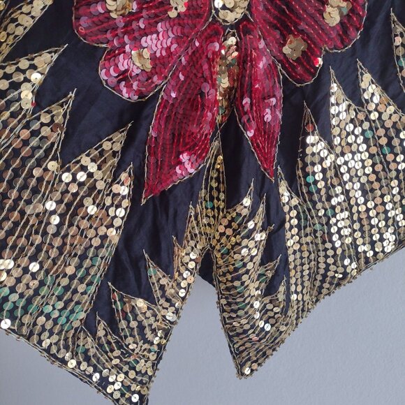 Vintage Butterfly Silk Blouse S M L Gold Red Sequin Fun Disco Going Out Top - Picture 6 of 9